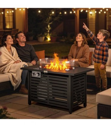 Outsunny Propane Gas Fire Pit Table, Outdoor Firepit with 43" Steel Tabletop and Lid, 50,000 BTU Pulse Ignition Fire Table w/ Stainless Steel Burner, Glass Wind Guard, and Cover