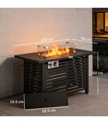Outsunny Propane Gas Fire Pit Table, Outdoor Firepit with 43" Steel Tabletop and Lid, 50,000 BTU Pulse Ignition Fire Table w/ Stainless Steel Burner, Glass Wind Guard, and Cover