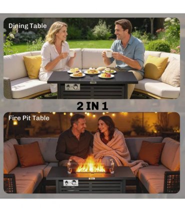 Outsunny Propane Gas Fire Pit Table, Outdoor Firepit with 43" Steel Tabletop and Lid, 50,000 BTU Pulse Ignition Fire Table w/ Stainless Steel Burner, Glass Wind Guard, and Cover