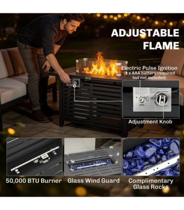 Outsunny Propane Gas Fire Pit Table, Outdoor Firepit with 43" Steel Tabletop and Lid, 50,000 BTU Pulse Ignition Fire Table w/ Stainless Steel Burner, Glass Wind Guard, and Cover