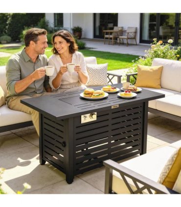 Outsunny Propane Gas Fire Pit Table, Outdoor Firepit with 43" Steel Tabletop and Lid, 50,000 BTU Pulse Ignition Fire Table w/ Stainless Steel Burner, Glass Wind Guard, and Cover