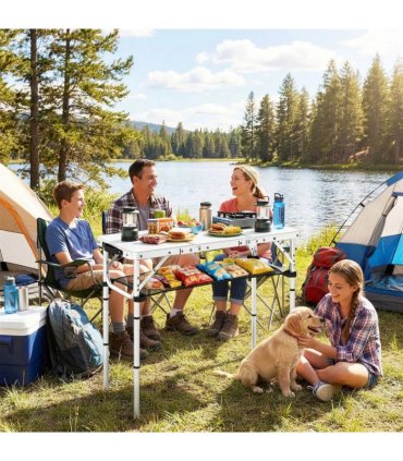 Outsunny 3ft Folding Camping Table, Picnic Table with Mesh Storage Layer, Carrying Bag and Metal Frame, Cream White