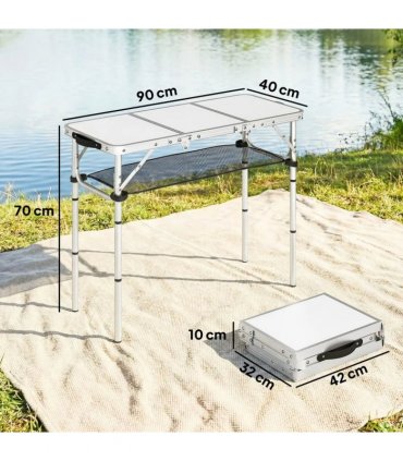 Outsunny 3ft Folding Camping Table, Picnic Table with Mesh Storage Layer, Carrying Bag and Metal Frame, Cream White