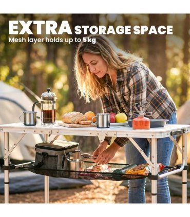 Outsunny 3ft Folding Camping Table, Picnic Table with Mesh Storage Layer, Carrying Bag and Metal Frame, Cream White