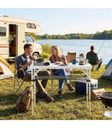 Outsunny 3ft Folding Camping Table, Picnic Table with Mesh Storage Layer, Carrying Bag and Metal Frame, Cream White