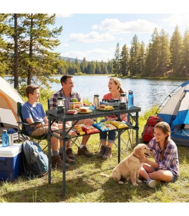 Outsunny 3ft Folding Camping Table, Picnic Table with Mesh Storage Layer, Carrying Bag and Metal Frame, Black