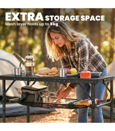 Outsunny 3ft Folding Camping Table, Picnic Table with Mesh Storage Layer, Carrying Bag and Metal Frame, Black