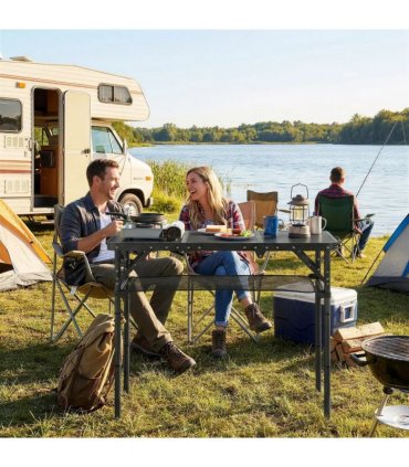 Outsunny 3ft Folding Camping Table, Picnic Table with Mesh Storage Layer, Carrying Bag and Metal Frame, Black