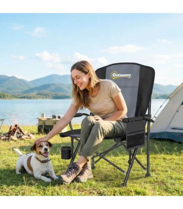 Outsunny Padded Camping Chair Adults Heavy Duty Folding Chair Side Pocket Cup Holder Carry Bag Outdoor Black