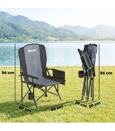 Outsunny Padded Camping Chair Adults Heavy Duty Folding Chair Side Pocket Cup Holder Carry Bag Outdoor Black