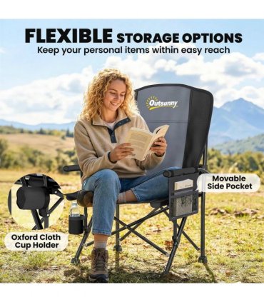 Outsunny Padded Camping Chair Adults Heavy Duty Folding Chair Side Pocket Cup Holder Carry Bag Outdoor Black