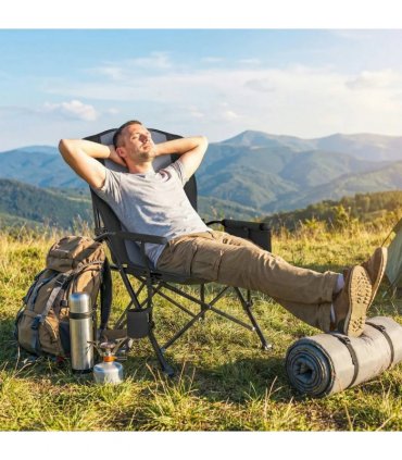Outsunny Padded Camping Chair Adults Heavy Duty Folding Chair Side Pocket Cup Holder Carry Bag Outdoor Black