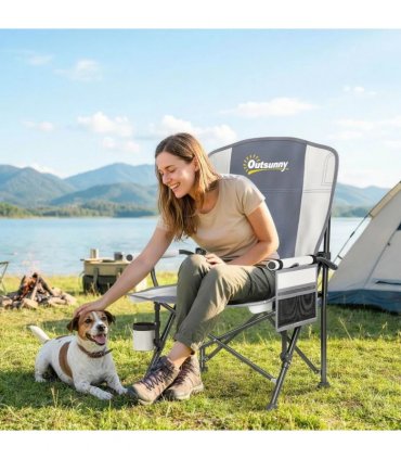 Outsunny Padded Camping Chair Adults Heavy Duty Folding Chair Side Pocket Cup Holder Carry Bag Outdoor Light Grey