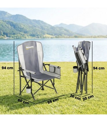 Outsunny Padded Camping Chair Adults Heavy Duty Folding Chair Side Pocket Cup Holder Carry Bag Outdoor Light Grey