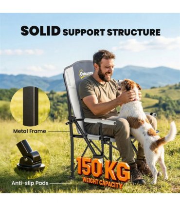 Outsunny Padded Camping Chair Adults Heavy Duty Folding Chair Side Pocket Cup Holder Carry Bag Outdoor Light Grey