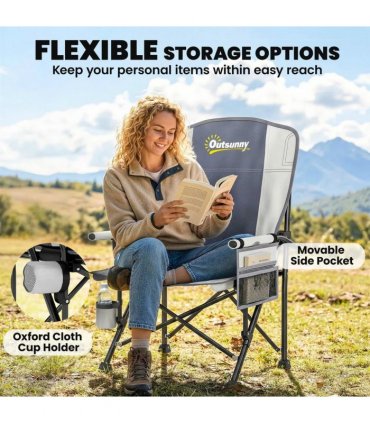 Outsunny Padded Camping Chair Adults Heavy Duty Folding Chair Side Pocket Cup Holder Carry Bag Outdoor Light Grey