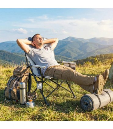 Outsunny Padded Camping Chair Adults Heavy Duty Folding Chair Side Pocket Cup Holder Carry Bag Outdoor Light Grey