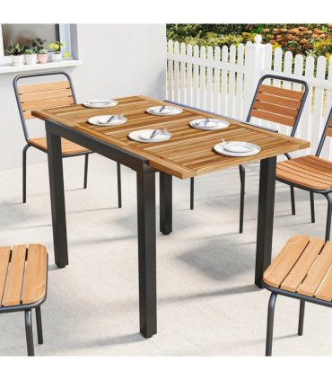 Outsunny Patio Dining Table Expandable Outdoor Dining Table Acacia Wood Top 80-120 cm Natural and Black