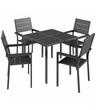 Outsunny 5 Pieces Garden Dining Set, Garden Table and Chairs Set for 4 with Square HDPE Table and Chairs with Armrests, Black