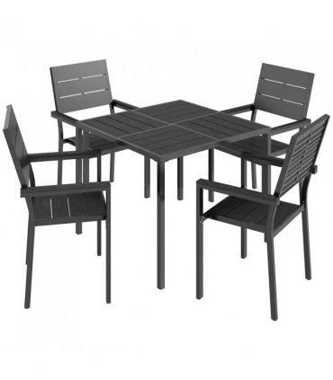 Outsunny 5 Pieces Garden Dining Set, Garden Table and Chairs Set for 4 with Square HDPE Table and Chairs with Armrests, Black