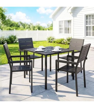 Outsunny 5 Pieces Garden Dining Set, Garden Table and Chairs Set for 4 with Square HDPE Table and Chairs with Armrests, Black
