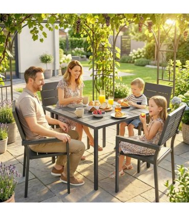 Outsunny 5 Pieces Garden Dining Set, Garden Table and Chairs Set for 4 with Square HDPE Table and Chairs with Armrests, Black