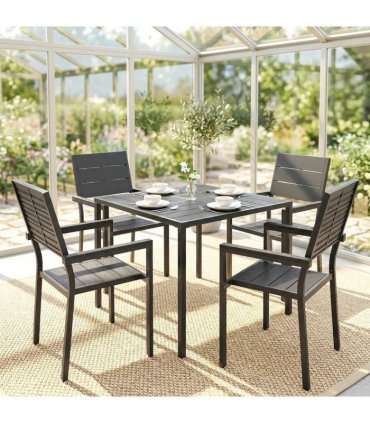 Outsunny 5 Pieces Garden Dining Set, Garden Table and Chairs Set for 4 with Square HDPE Table and Chairs with Armrests, Black