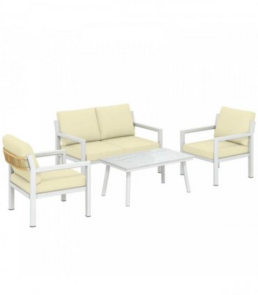 Outsunny 4 Seater Rattan Garden Furniture Set with 2 Armchairs, Loveseat, Coffee Table, Garden Sofa Set with Cushions, Beige