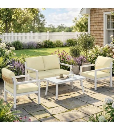 Outsunny 4 Seater Rattan Garden Furniture Set with 2 Armchairs, Loveseat, Coffee Table, Garden Sofa Set with Cushions, Beige