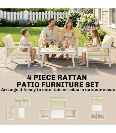 Outsunny 4 Seater Rattan Garden Furniture Set with 2 Armchairs, Loveseat, Coffee Table, Garden Sofa Set with Cushions, Beige