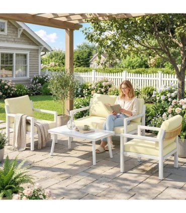 Outsunny 4 Seater Rattan Garden Furniture Set with 2 Armchairs, Loveseat, Coffee Table, Garden Sofa Set with Cushions, Beige