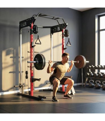 SPORTNOW Power Cage, Power Rack with Adjustable Cable Pulley System, Pull-Up Bar, Dip Station, Landmine