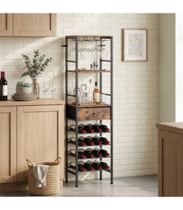 HOMCOM Industrial Wine Bar Cabinet Freestanding Liquor Cabinet 16-Bottle Wine Rack Glass Holder Rustic Brown