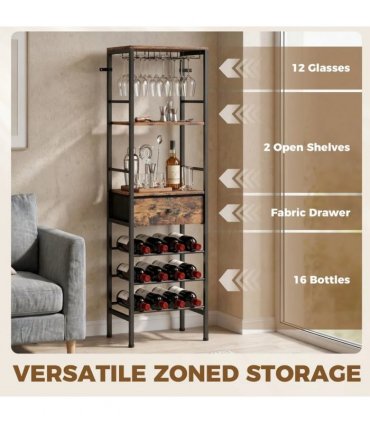 HOMCOM Industrial Wine Bar Cabinet Freestanding Liquor Cabinet 16-Bottle Wine Rack Glass Holder Rustic Brown