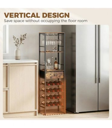 HOMCOM Industrial Wine Bar Cabinet Freestanding Liquor Cabinet 16-Bottle Wine Rack Glass Holder Rustic Brown