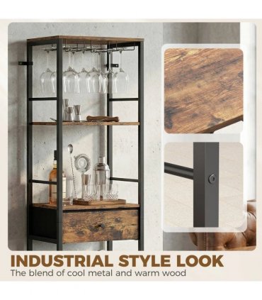 HOMCOM Industrial Wine Bar Cabinet Freestanding Liquor Cabinet 16-Bottle Wine Rack Glass Holder Rustic Brown