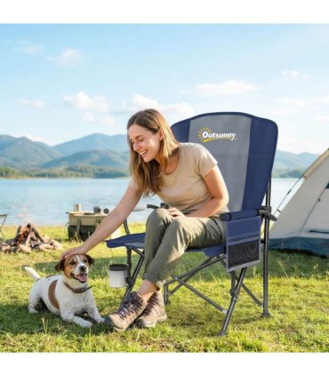 Outsunny Padded Camping Chair Adults Heavy Duty Folding Chair Side Pocket Cup Holder Carry Bag Outdoor Dark Blue