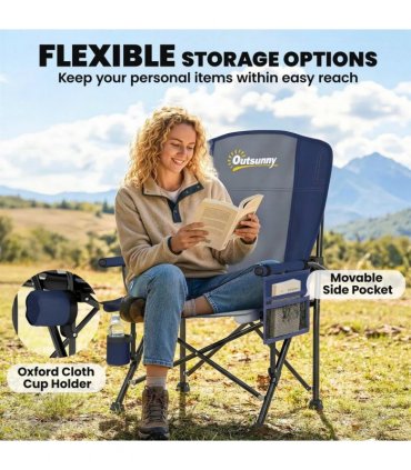 Outsunny Padded Camping Chair Adults Heavy Duty Folding Chair Side Pocket Cup Holder Carry Bag Outdoor Dark Blue