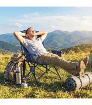 Outsunny Padded Camping Chair Adults Heavy Duty Folding Chair Side Pocket Cup Holder Carry Bag Outdoor Dark Blue