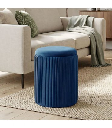 HOMCOM Storage Ottoman Modern Velvet Round Foot Stool for Living Room Bedroom 45 cm Blue