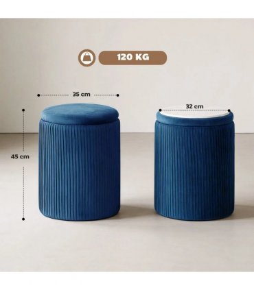 HOMCOM Storage Ottoman Modern Velvet Round Foot Stool for Living Room Bedroom 45 cm Blue