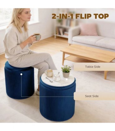HOMCOM Storage Ottoman Modern Velvet Round Foot Stool for Living Room Bedroom 45 cm Blue