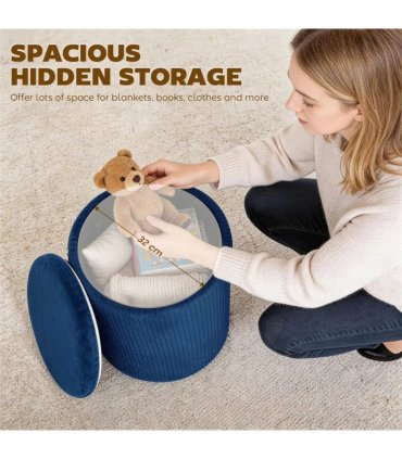HOMCOM Storage Ottoman Modern Velvet Round Foot Stool for Living Room Bedroom 45 cm Blue