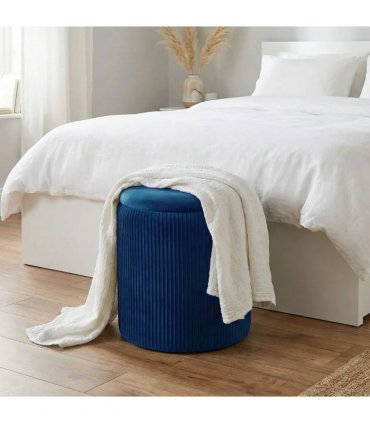 HOMCOM Storage Ottoman Modern Velvet Round Foot Stool for Living Room Bedroom 45 cm Blue
