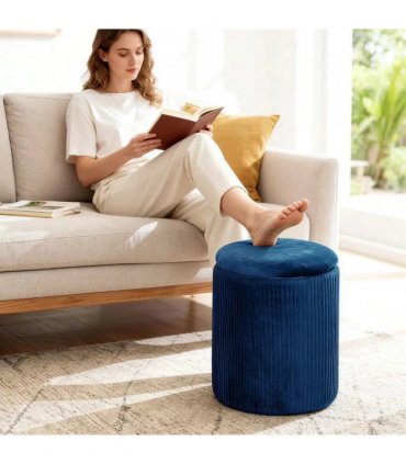 HOMCOM Storage Ottoman Modern Velvet Round Foot Stool for Living Room Bedroom 45 cm Blue