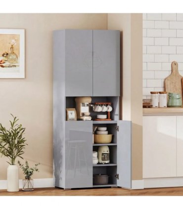 HOMCOM 180 cm Tall Kitchen Cupboard, Pantry Storage Cabinet with Soft Close Doors and Adjustable Shelves, High Gloss Grey
