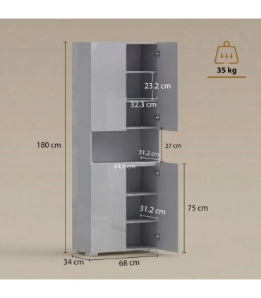 HOMCOM 180 cm Tall Kitchen Cupboard, Pantry Storage Cabinet with Soft Close Doors and Adjustable Shelves, High Gloss Grey