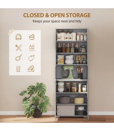 HOMCOM 180 cm Tall Kitchen Cupboard, Pantry Storage Cabinet with Soft Close Doors and Adjustable Shelves, High Gloss Grey