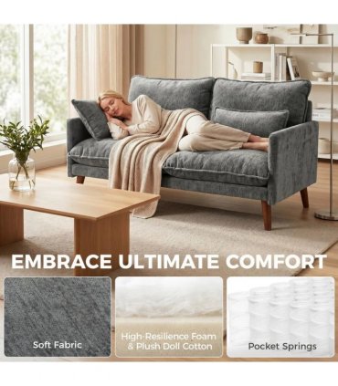 HOMCOM 2 Seater Sofa, Loveseat Sofa with Spring Cushions, Wide and Deep Seat, Wood Legs, Grey