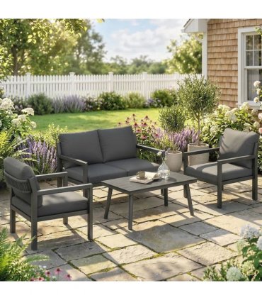 Outsunny 4 Seater Rattan Garden Furniture Set with 2 Armchairs, Loveseat, Coffee Table, Garden Sofa Set with Cushions, Dark Grey